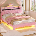 MSmask Full Bed Frame with LED Lights, Princess Upholstered Bed with Headboard with Charging Station & Crystal Button & Crown, Velvet Platform Bed for Girls, Solid Wood Slats, Curved Legs, Pink