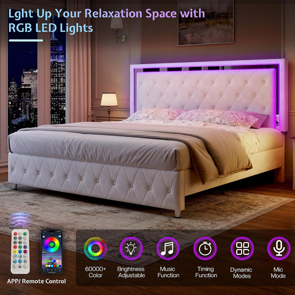Jocisland Full Bed Frame with LED Lights Headboard&Footboard, Velvet Upholstered Full Size Platform Bed Frame No Box Spring Needed/Cream