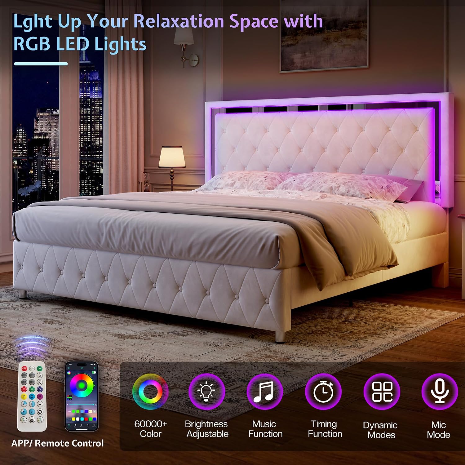 Jocisland Full Bed Frame with LED Lights Headboard&Footboard, Velvet Upholstered Full Size Platform Bed Frame No Box Spring Needed/Cream
