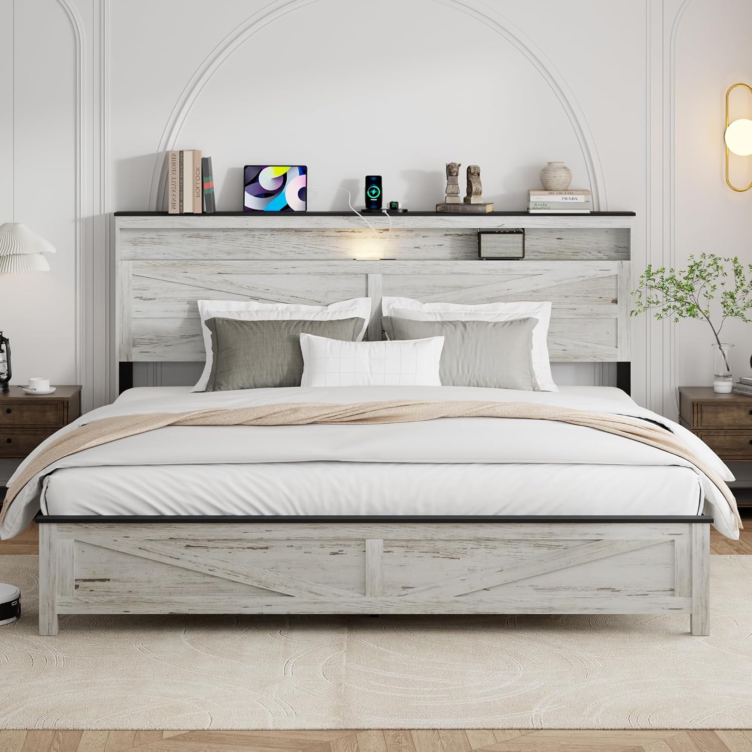 King Size Bed Frame with Headboard, Rustic Farmhouse Wood Bed Frame with LED Lights and Charging Station, Easy Assembly, No Box Spring Needed (White, King)