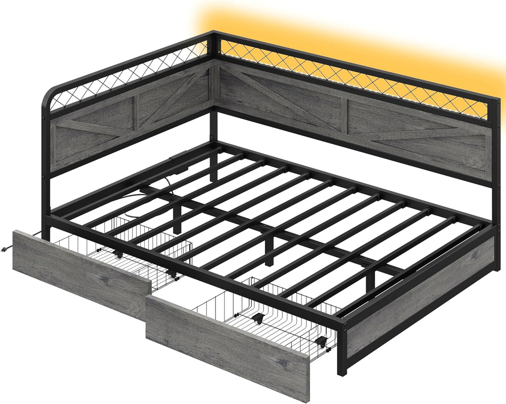 ANCTOR Full Corner Bed Frame with Storage Drawers, Daybed with LED Lights and Charging Station, No Box Spring Needed, Heavy Duty, Easy Assembly for Living Room, Bedroom and Guest Room, Grey | Heavy Duty Bed