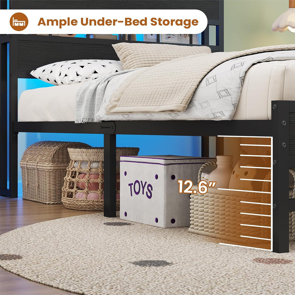 BTHFST Twin Bed Frames with Headboard & Charging Station, LED Bed Frame Twin with 5 Storage Shelves & Under Bed Storage, Platform Bed Frames for Kids, No Box Spring Needed, Black