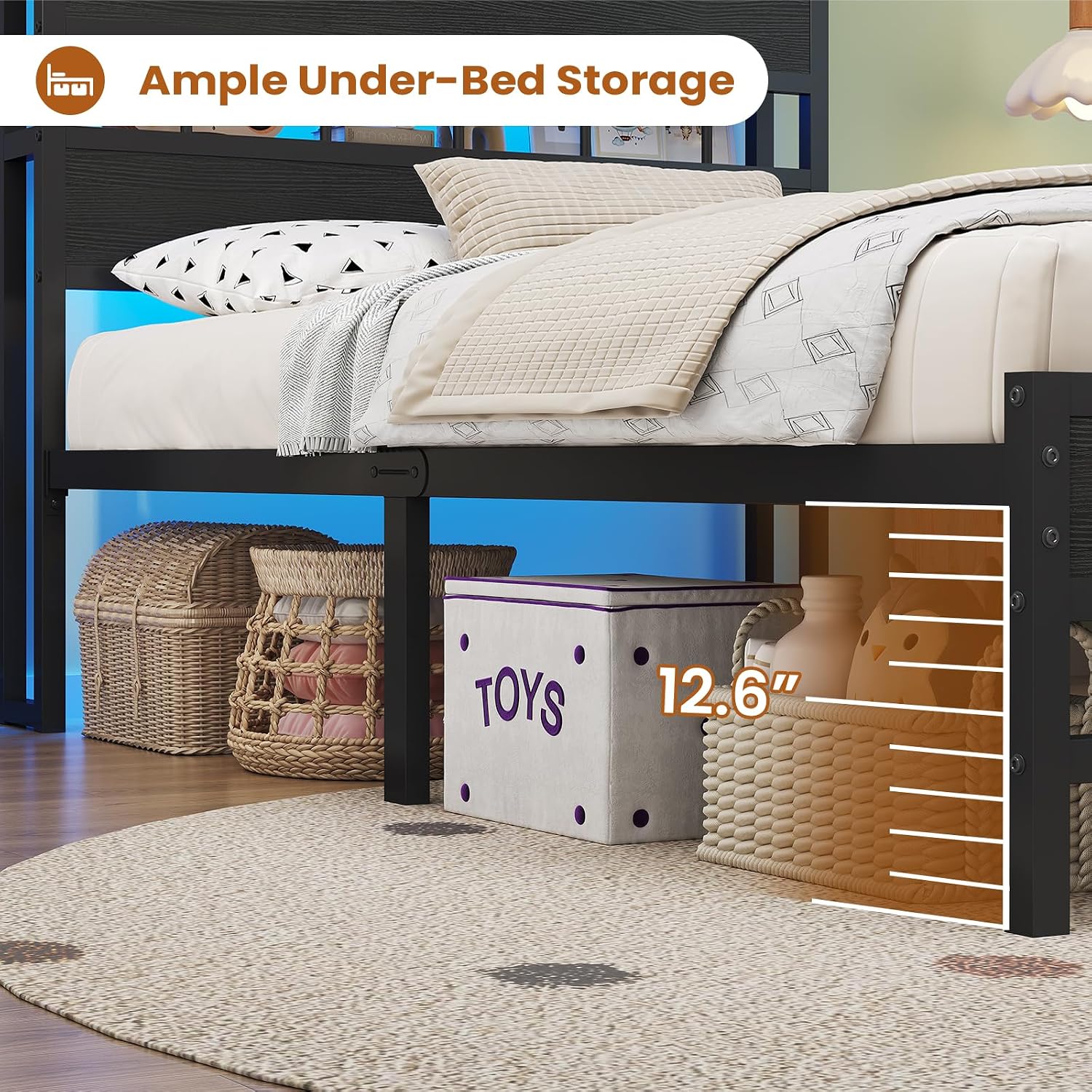 BTHFST Twin Bed Frames with Headboard & Charging Station, LED Bed Frame Twin with 5 Storage Shelves & Under Bed Storage, Platform Bed Frames for Kids, No Box Spring Needed, Black