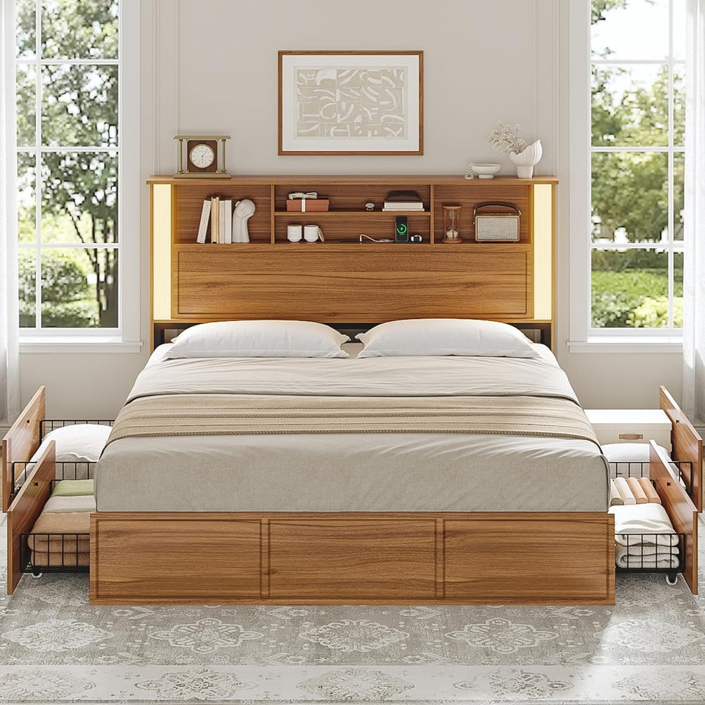 Queen Bed Frame with 4 Storage Drawers and 3 Tier Storage Headboard, Black Wooden Bed Frame Queen Size with Charging Station and 3 Color- Lightbox, No Box Spring Needed,Wood