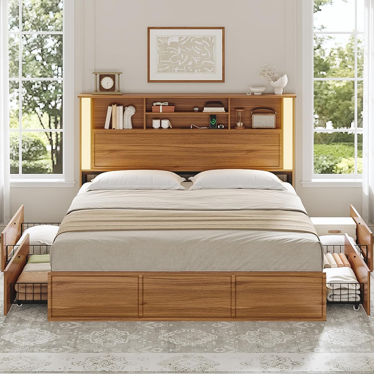 Queen Bed Frame with 4 Storage Drawers and 3 Tier Storage Headboard, Black Wooden Bed Frame Queen Size with Charging Station and 3 Color- Lightbox, No Box Spring Needed,Wood