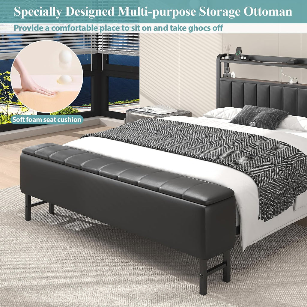 Full Size Bed Frame with Star Projector & Charging Station, PU Leather Upholstered Platform with 2-Tier Storage Headboard & Storage Ottoman, Metal Support, Noise-Free, No Box Spring Needed, Black