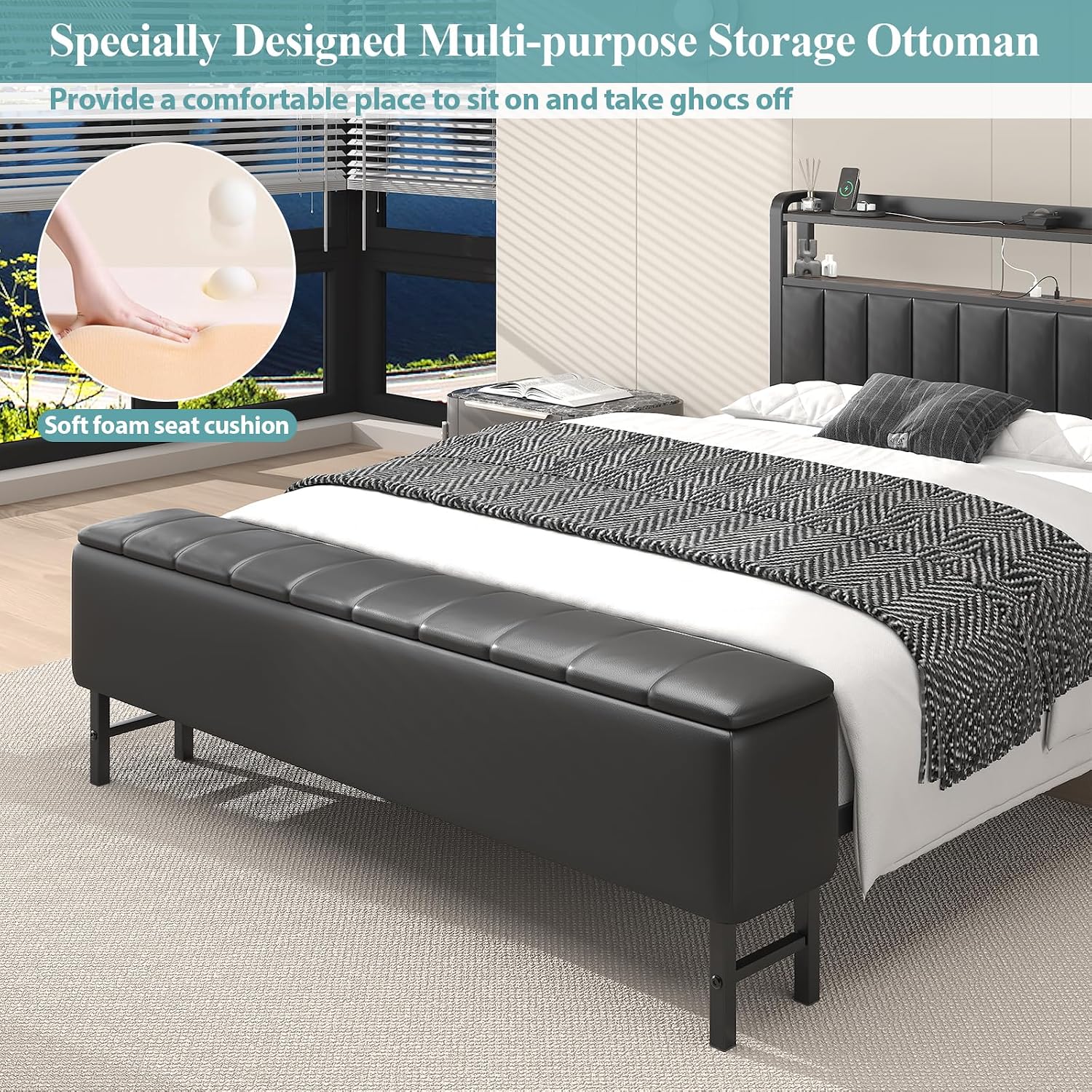 Queen Size Bed Frame with Star Projector & Charging Station, PU Leather Upholstered Platform with 2-Tier Storage Headboard & Storage Ottoman, Metal Support, Noise-Free, No Box Spring Needed, Black