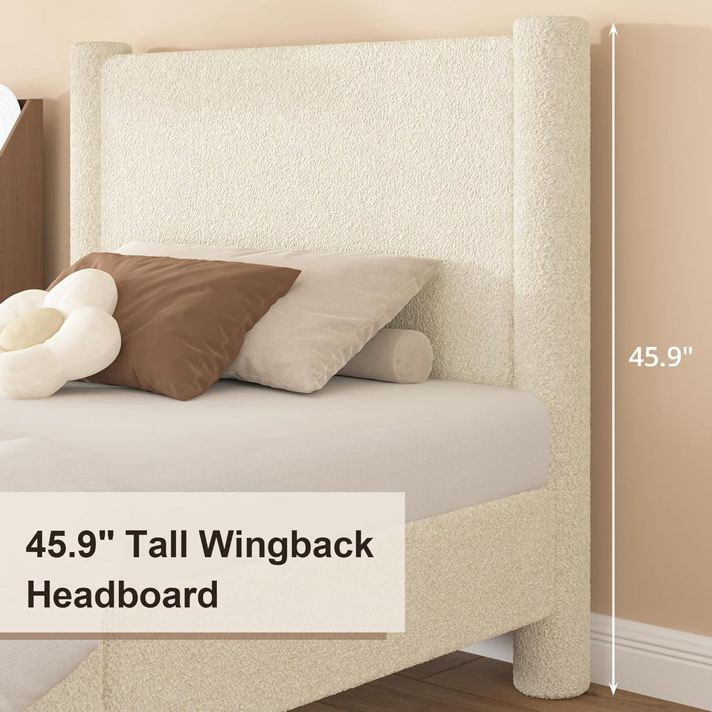 REVOMINCA Full Size Bed Frame, Boucle Upholstered Platform Bed with Headboard and Footboard, Soft Rounded Corners, No Box Spring Required, Easy Assembly, Cream