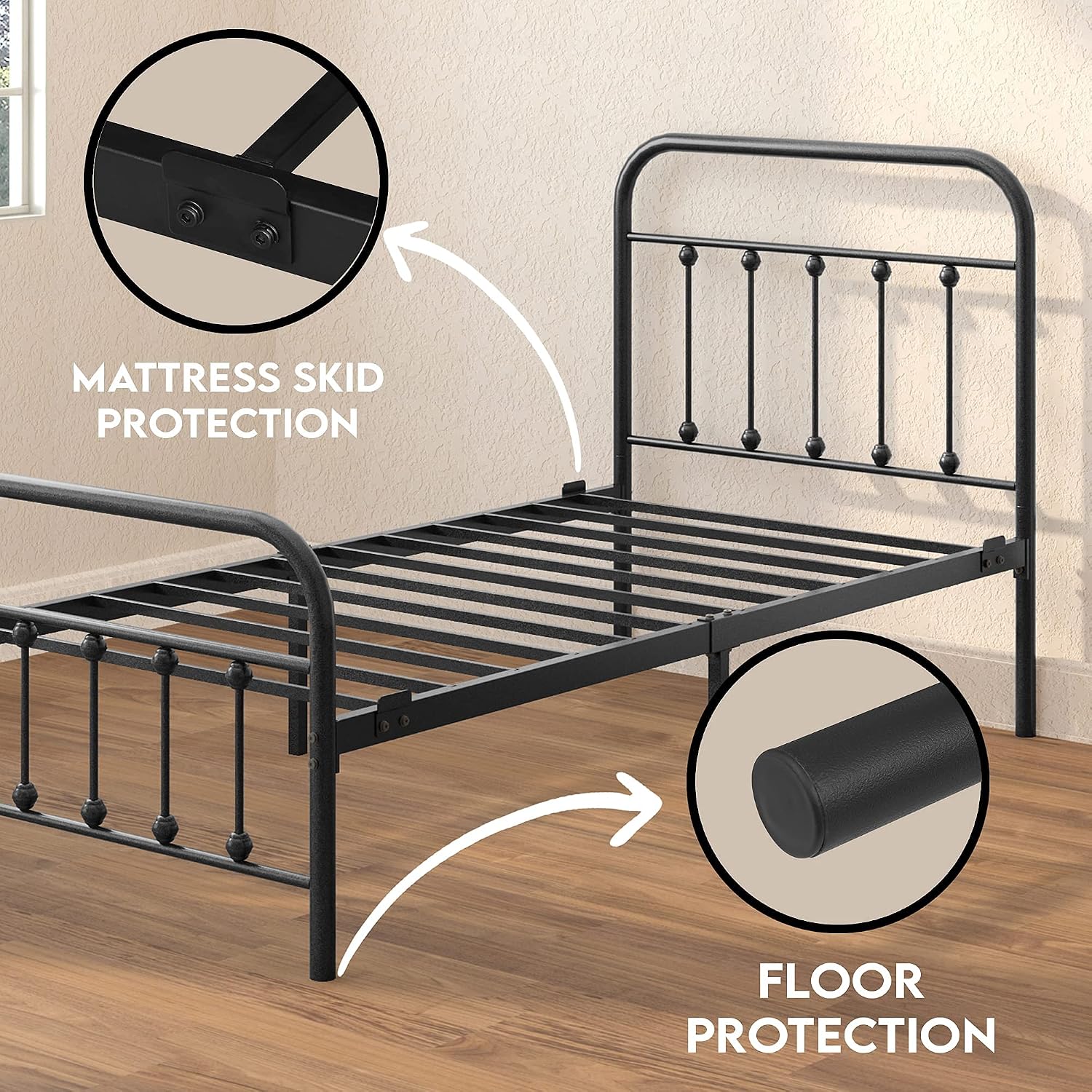 Golden Gate Beds Vintage Wrought Iron Bed Frame with Classic Metal Platform Base, Headboard and Footboard, No Box Spring Needed, Easy Assembly, Mattress Base, Noise-Free, Sleek Black Finish, Twin Size