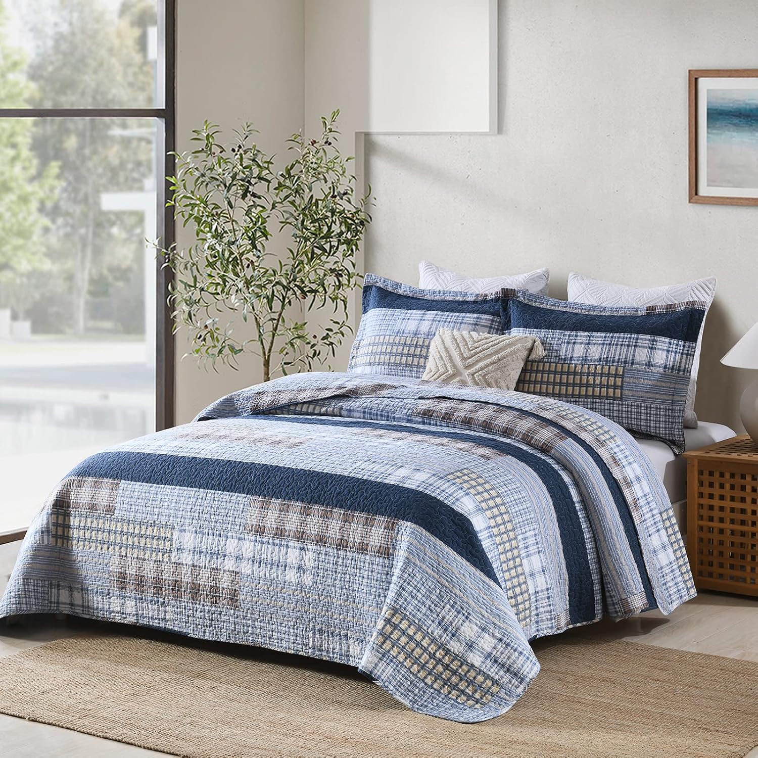 PANGUSHAN Quilt Set King Size, 100% Cotton Quilt Bedding Set Bedspreads, Patchwork Plaid Farmhouse Reversible Lightweight Comforter Bed Spread for King Bed, Blue, 3 Pieces