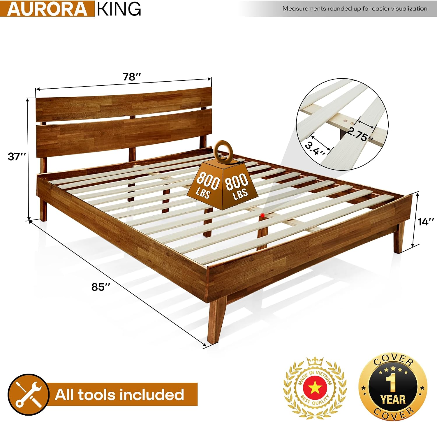 Acacia Aurora Wooden Bed with Headboard, King Size Bed Frame, 800lbs Capacity Wood Bed Compatible with All Mattress Types, Non-Slip & Noise-Free, Wood Slats Support, Easy Assembly, Walnut