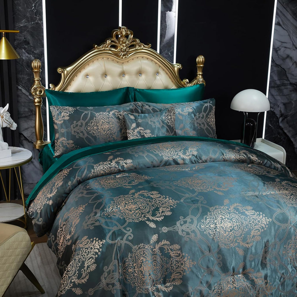 Green Jacquard King Comforter Set Sheet Set Elegant Bedding Set 8 Pcs Embroidery Neoclassical Floral Pattern Bed Home Decor Soft Down Comforter Luxury Hotel Silky Bed in a Bag with 1 Cushion Cover