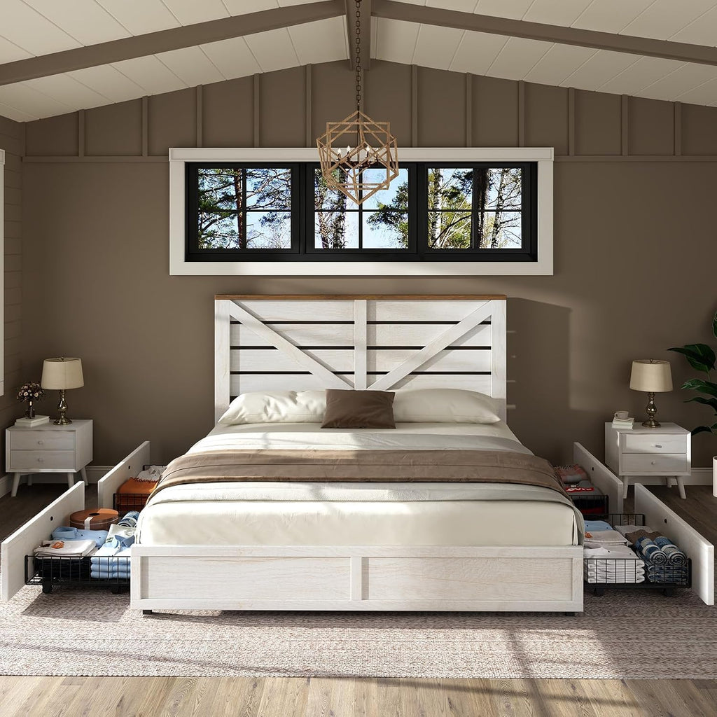 AMERLIFE Queen Size Farmhouse Bed Frame with 4 Drawers, Wooden Storage Bed Frame with Headboard and Heavy Duty Metal Slats, Noisy Free, Easy Assemble, White/Barnwood