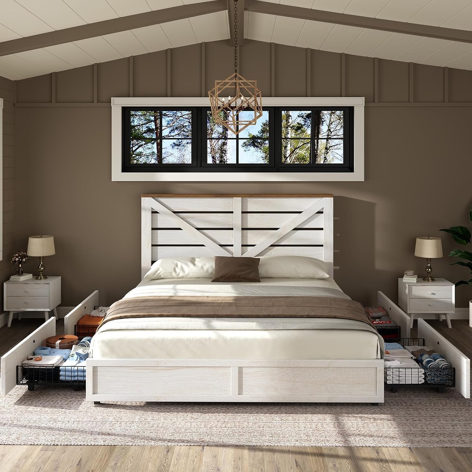 AMERLIFE Queen Size Farmhouse Bed Frame with 4 Drawers, Wooden Storage Bed Frame with Headboard and Heavy Duty Metal Slats, Noisy Free, Easy Assemble, White/Barnwood