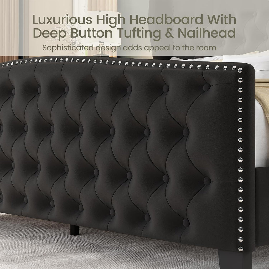 LARMACE King Size Bed Frame Velvet Upholstered Platform Bed with Wingback Headboard & Footbaord, Deep Button Tufted Bed Frame with Wood Slats Support, No Box Spring Needed, Black