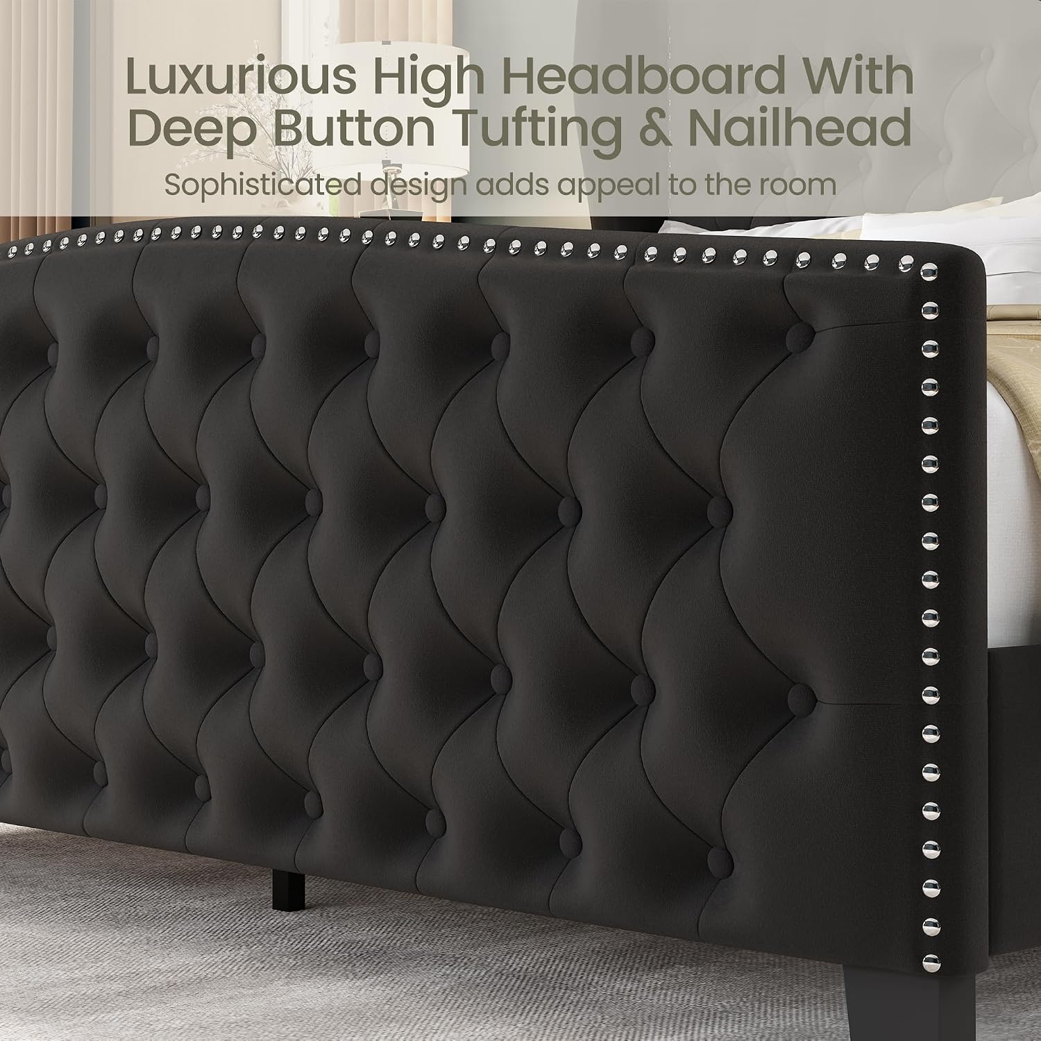 LARMACE King Size Bed Frame Velvet Upholstered Platform Bed with Wingback Headboard & Footbaord, Deep Button Tufted Bed Frame with Wood Slats Support, No Box Spring Needed, Black