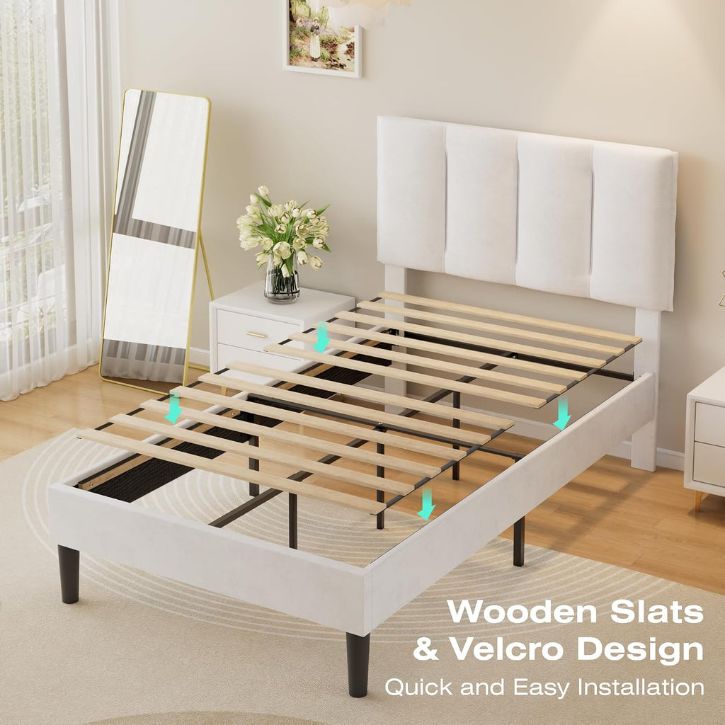 VECELO Twin Size Bed Frame with Upholstered Headboard, Heavy-Duty Bedframe with Wooden Slats & Steel Framework, Easy Assembly, Pure White