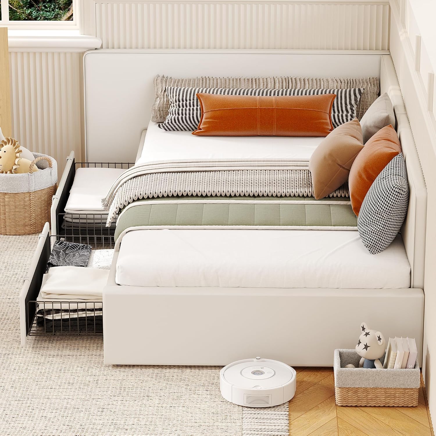 GarveeHome Twin Daybed with Storage Drawers, Velvet Upholstered Corner Bed Frame with Headboard, Modern Kids Bed with Bed Rails for Living Room, Bedroom, Easy Assembly, Beige