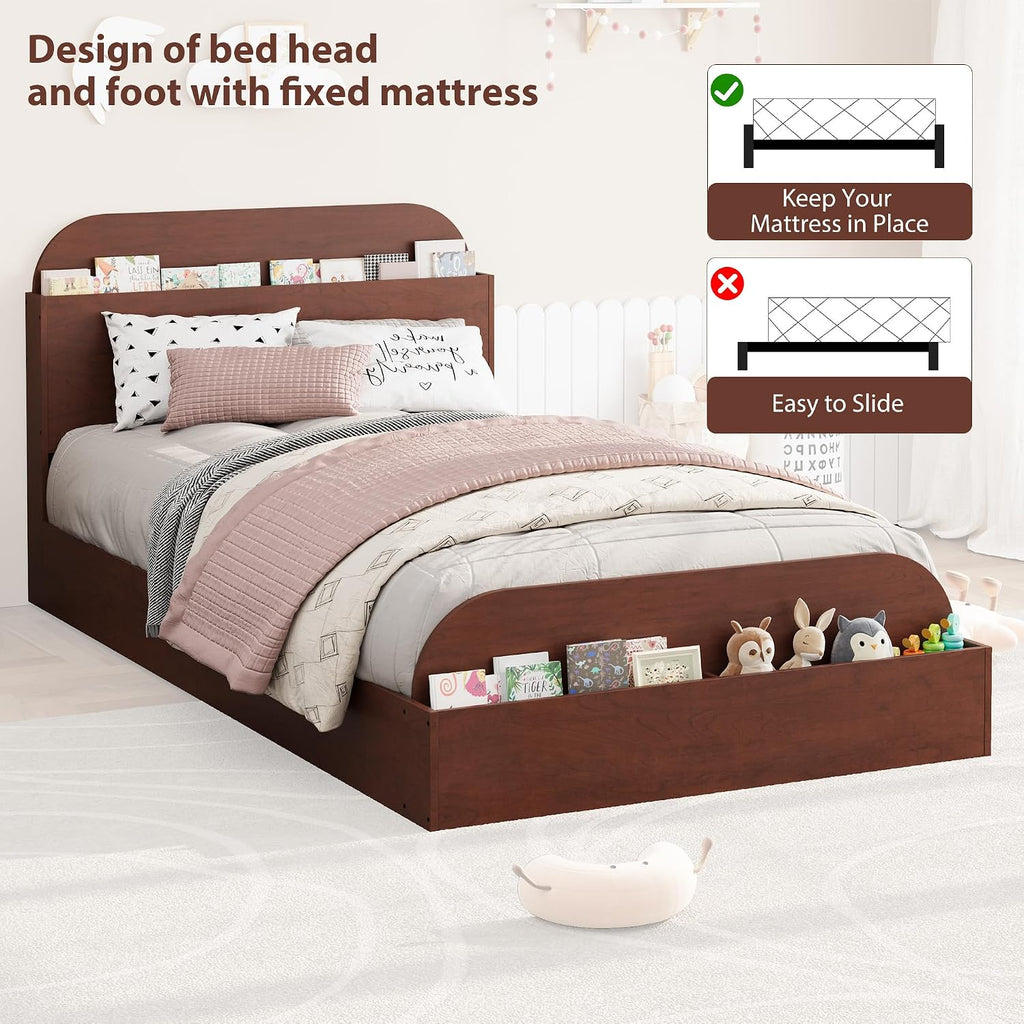 GarveeHome Twin Size Bed Frame, Wooden Beds with Storage Headboard and Raised-Foodboard for Kid, Twin-Floor Low Platform Bed for Bedroom, Sturdy Wooden Slats Support, No Box Spring Needed, Espresso