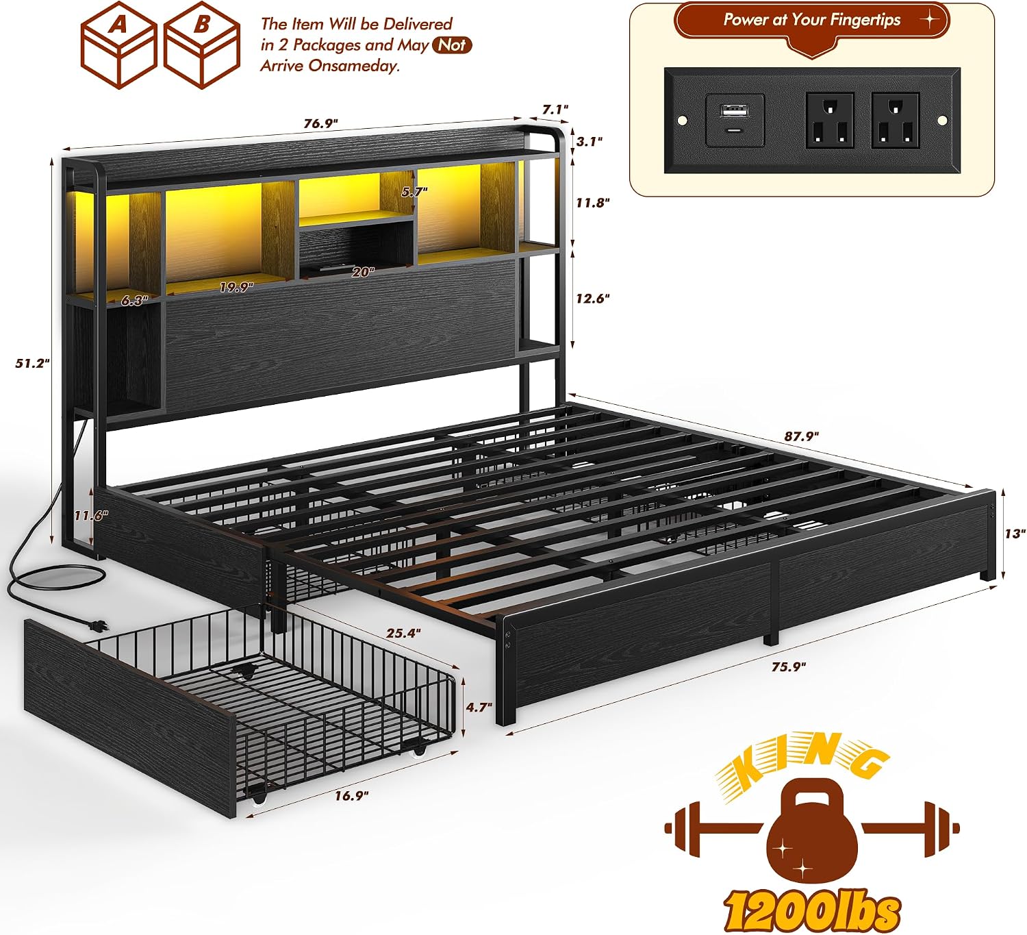 Homkdom King Size Bed Frame with Storage Headboard & 4 Large Drawers King Bed Frame with 51' Tall Headboard 9 Compartments Led Lights & Charging Station,No Box Spring Needed, No Noise,Black
