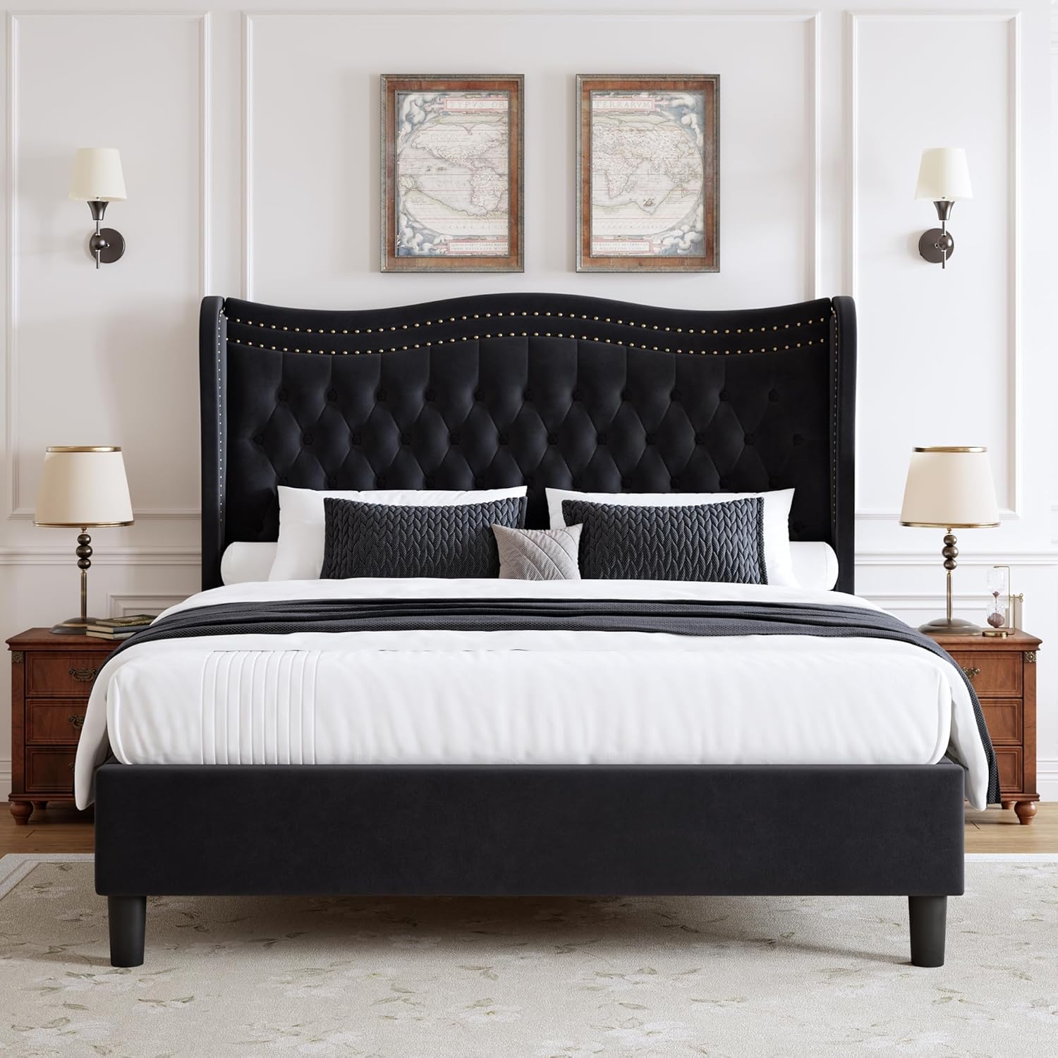 Upholstered Queen Size Bed Frame with Tall Headboard, Velvet Wingback Platform Bed Frame with Deep Button Tufted, No Box Spring Needed, Noise Free, Black