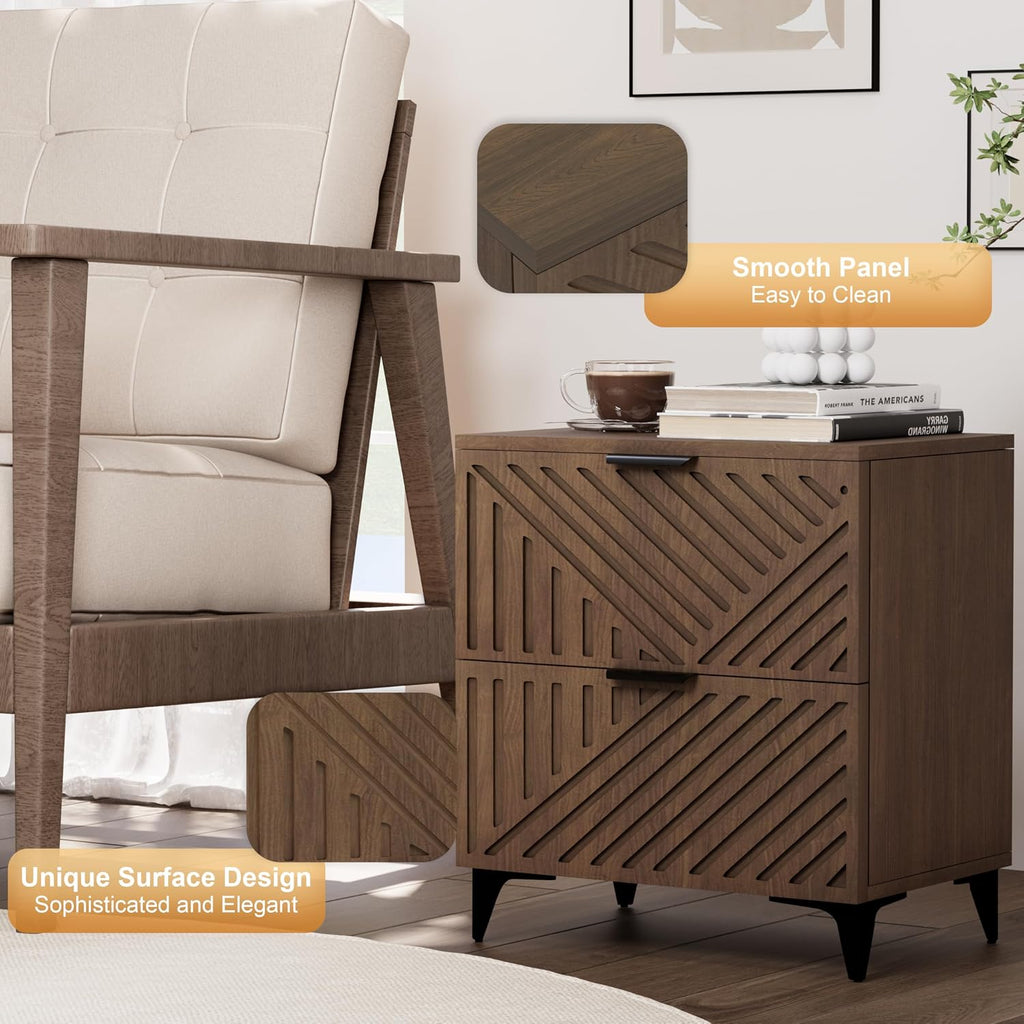 Royal Windsor Small Night Stand Set of 2, Fluted Nightstand with 2 Drawers, Side End Table with Storage, Modern Night Stand Bedside Table for Small Indoor Rooms, Brown