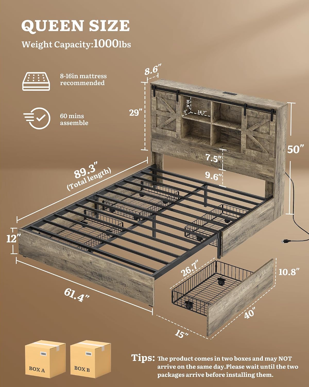DWVO Farmhouse Queen Size Bed with 50' Tall Storage Bookcase Headboard, Sliding Barn Door, 4 Storage Drawers, RGB LED Bed Frame w/Type-C&USB Charging Station, No Box Spring Needed, Antique Grey