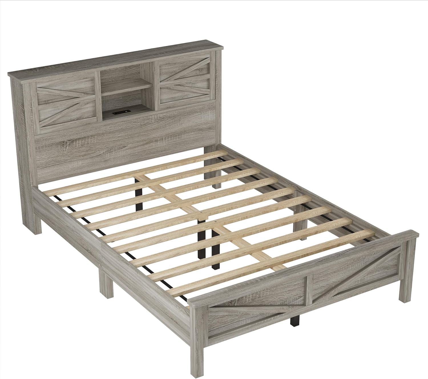 SOFTSEA 3 Piece Farmhouse Bedroom Set, Queen Size Platform Bed with Storage Headboard and Charging Station, Storage Dresser and Nightstand, Wood Bed Frame Set, Antique Gray