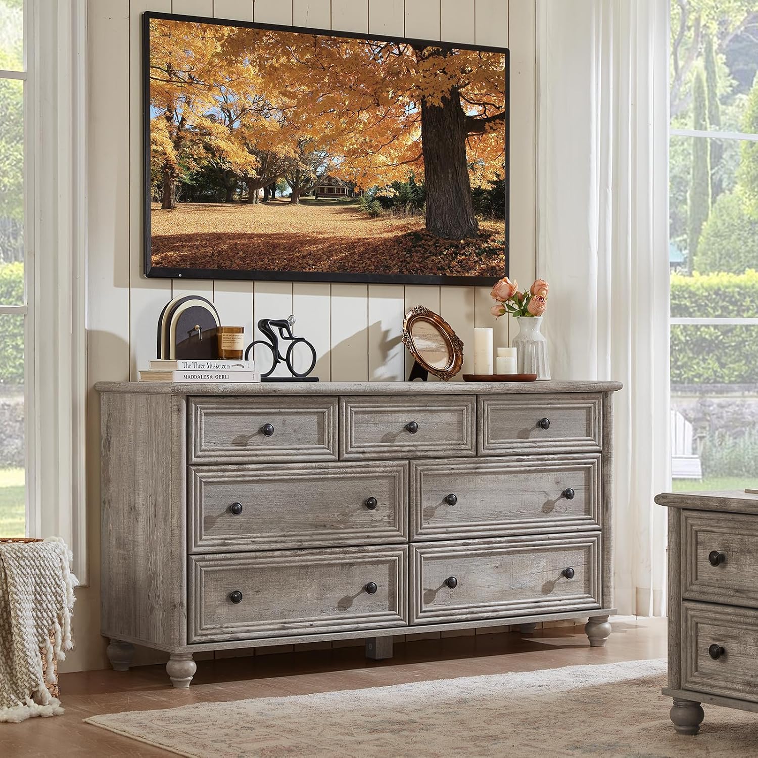 RWYHG Farmhouse Dresser and Nightstand Sets 4 Piece, Wooden 7 Drawers Dresser & 43.5' Tall Chest of Drawers, 18' Roman Column Nightstand Set of 2, Furniture Dressers for Bedroom, Living Room