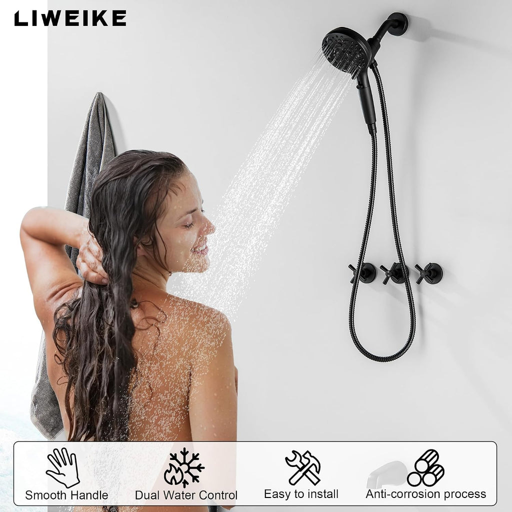 LIWEIKE Matte Black 3 Handle Tub Shower Faucet, 3 Knob Shower Tub Faucet Set with with 10 Setting with Magnetic Handheld Head Three Handle Tub and Shower Faucet Set