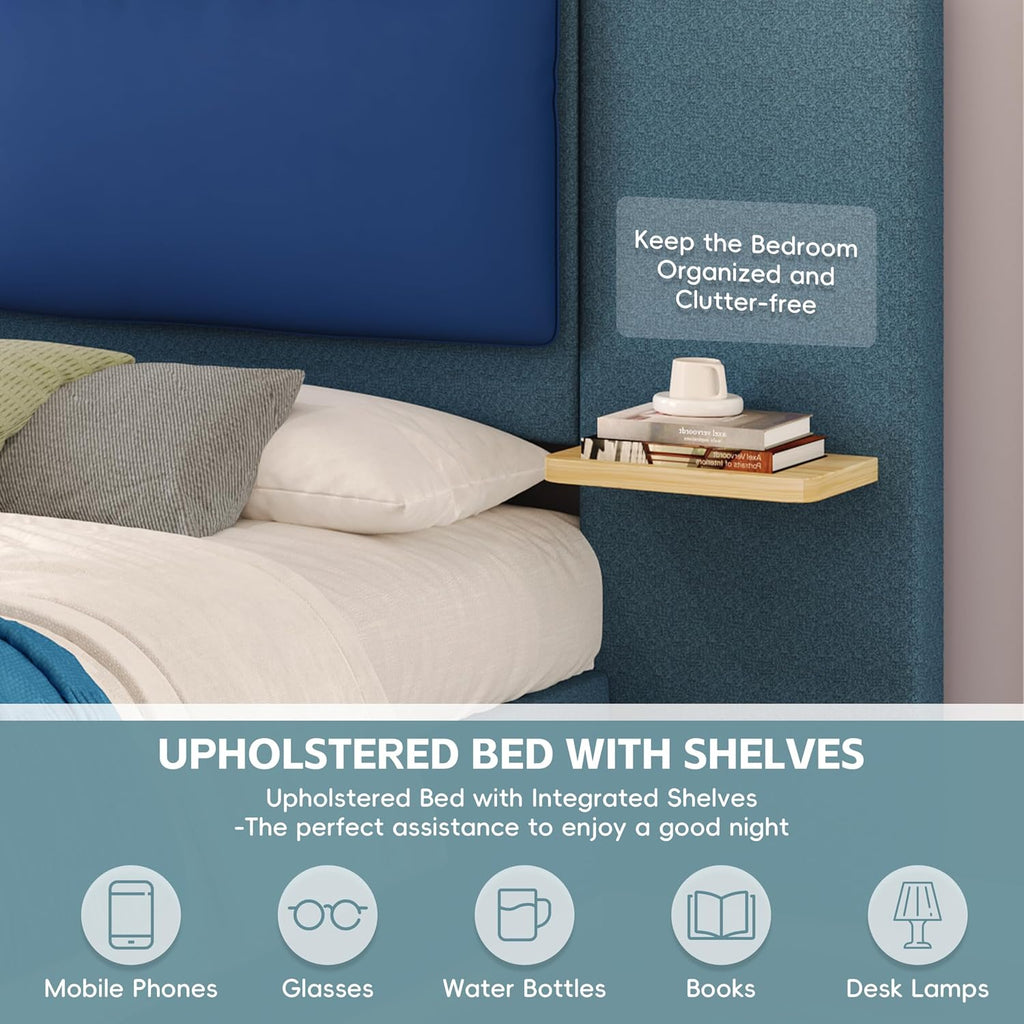 Merax King Size Upholstered Platform Bed Frame with Large PU Leather Headboard and Bothside Shelves, Modern Bedroom Furniture & Solid Wood Slats Support, No Box Spring Needed, Easy Assembly, Blue