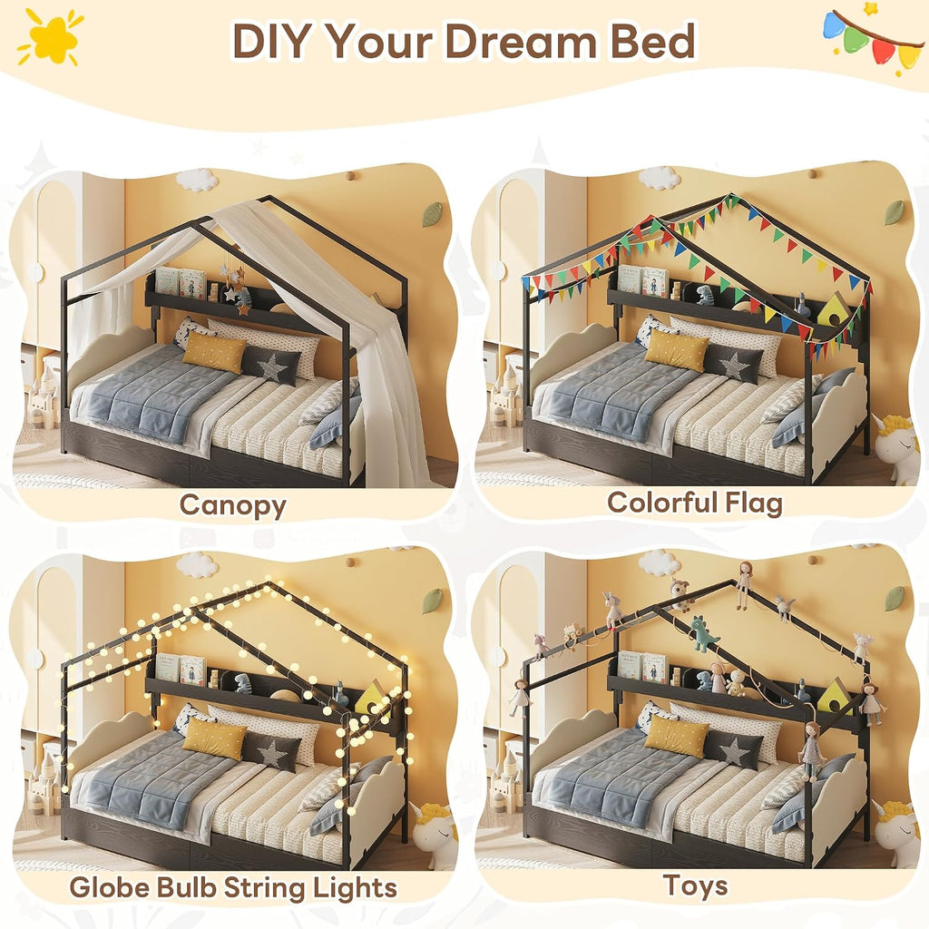 LIKIMIO Twin Corner Bed Frame with 2 Storage Drawers, DIY House Bed with Bookshelf & Curved Upholstered Headboard & Footboard, Twin Bed Frames for Bedroom, No Box Spring Needed, Black-White