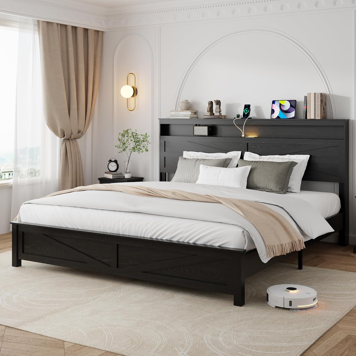 King Size Bed Frame with Headboard, Rustic Farmhouse Wood Bed Frame with LED Lights and Charging Station, Easy Assembly, No Box Spring Needed (Black, King)