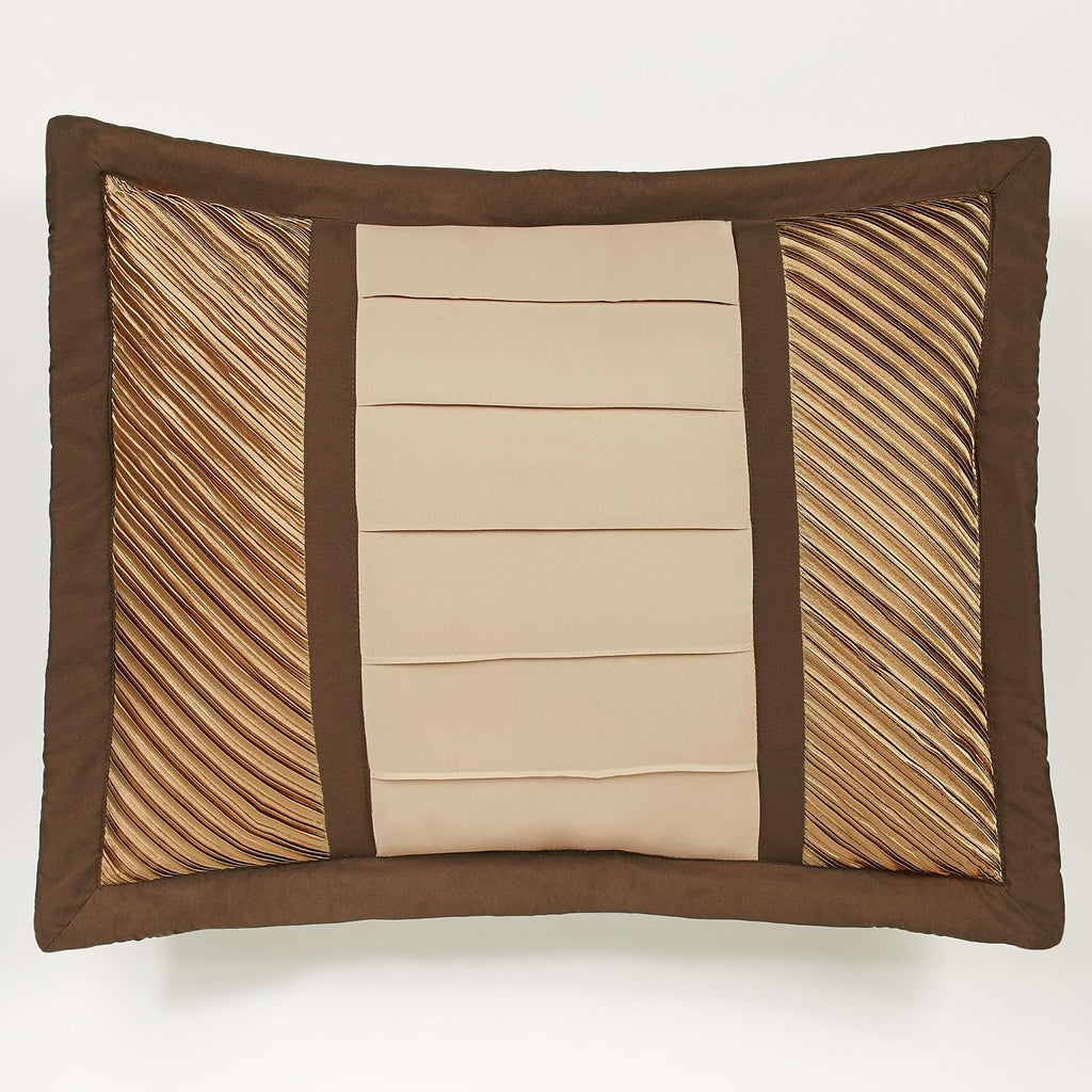 Delta Contemporary Oversized Luxury Bedding | Champagne Gold, Golden Bronze, Dark Bronze | Pleated Polyester Satin | Silky | 4 Piece Bed Set: Queen Comforter, Bedskirt, and 2 Standard Shams