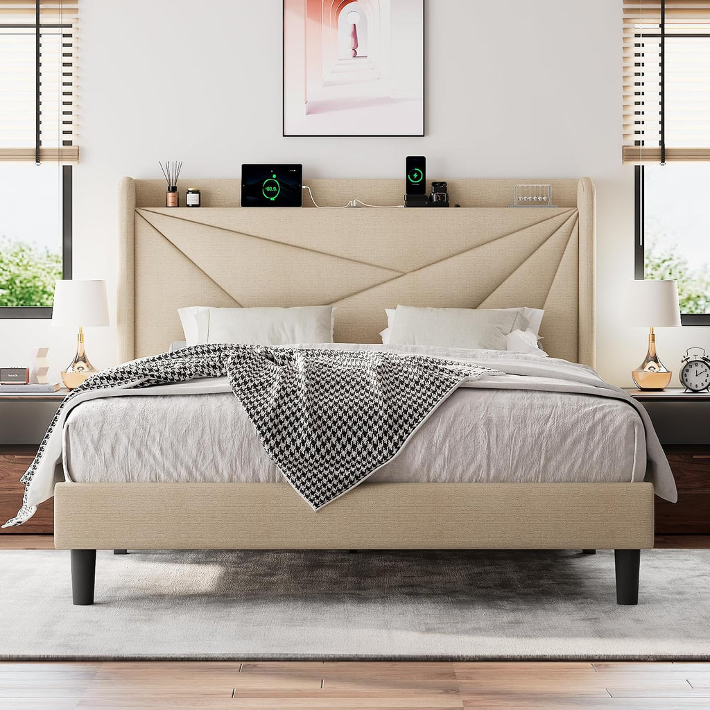 Einhomn Queen Size Upholstered Bed Frame with Charging Station, Platform Bed Frame with Storage Headboard, Solid Wood Slats Support, No Box Spring Needed, Beige