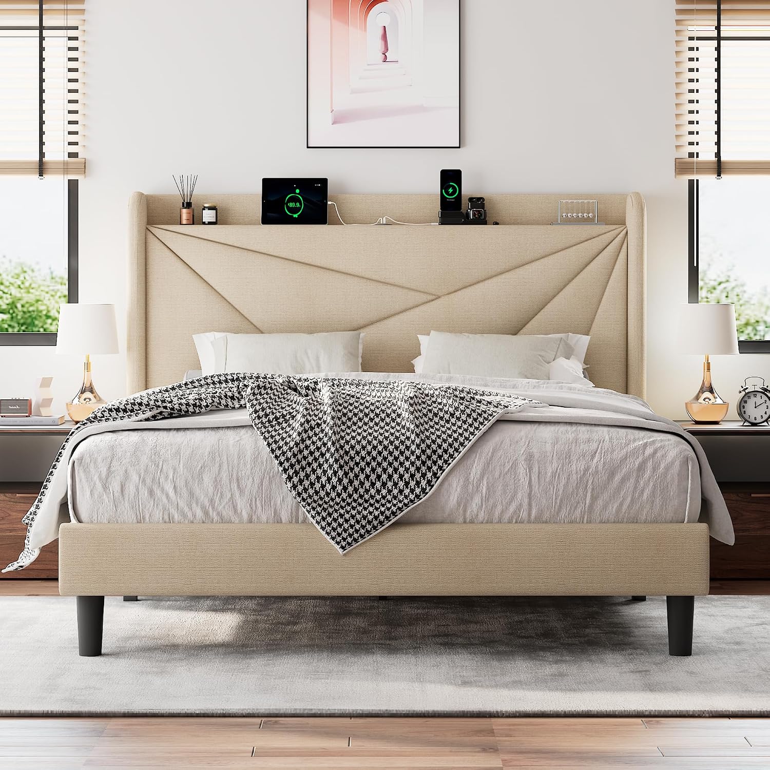 Einhomn Queen Size Upholstered Bed Frame with Charging Station, Platform Bed Frame with Storage Headboard, Solid Wood Slats Support, No Box Spring Needed, Beige