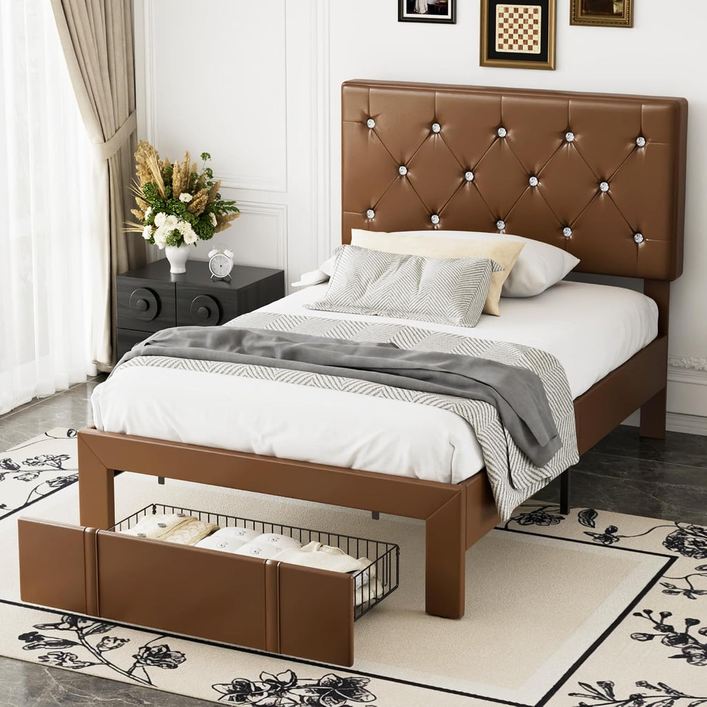 VECELO Twin Size Bed Frame with Storage Drawers, Leather Upholstered with Diamond Tufted Headboard, Solid Wood Slat Support, No Box Spring Needed, PU & Brown