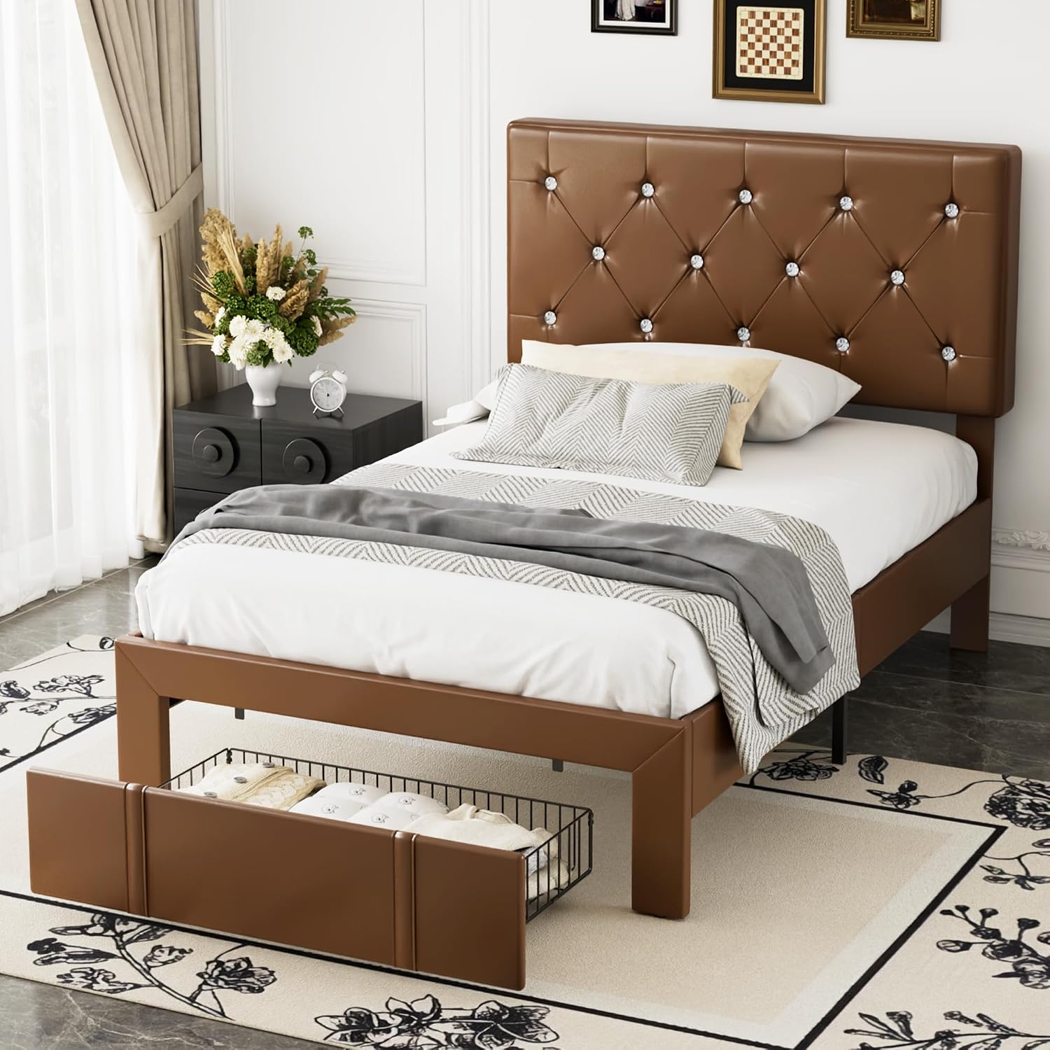 VECELO Twin Size Bed Frame with Storage Drawers, Leather Upholstered with Diamond Tufted Headboard, Solid Wood Slat Support, No Box Spring Needed, PU & Brown