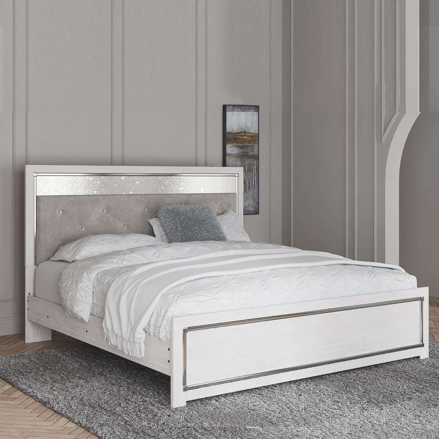Signature Design by Ashley Altyra Contemporary Adjustable Tufted King Upholstered Panel Bed with LED Lights and Metal Slats, Foundation or Box Spring Needed, White & Gray