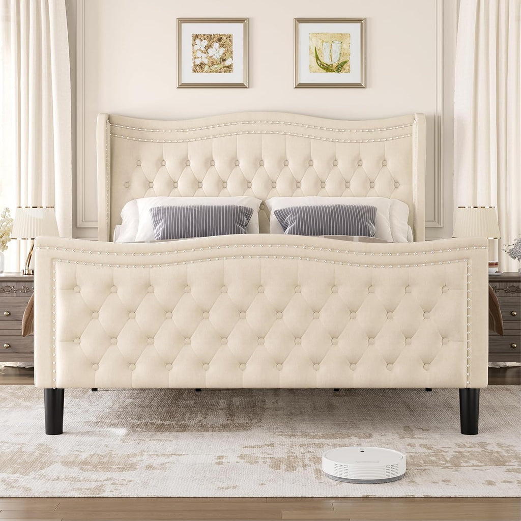 King Bed Frame with Tall Headboard & Footboard, Velvet Upholstered Platform Bed Frame with Deep Button Tufted Wingback, No Box Spring Needed, Noise Free, Beige