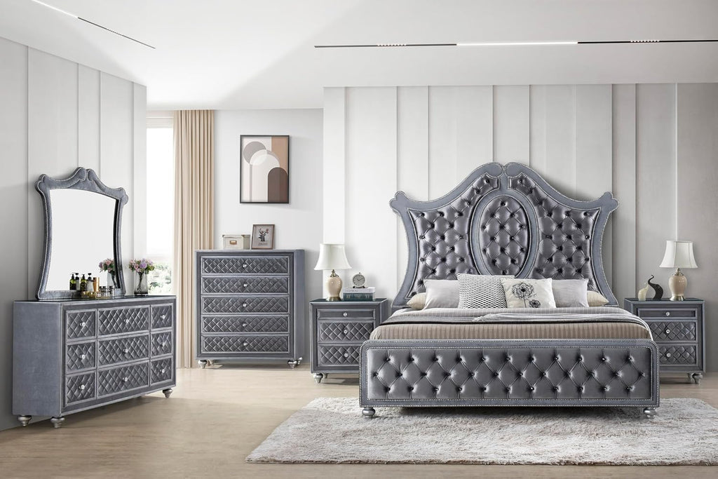 6pc Traditinal Gray Finish Luxury Upholstered King Size Panel Bed Set Arched Headboard Master Bedroom Furniture