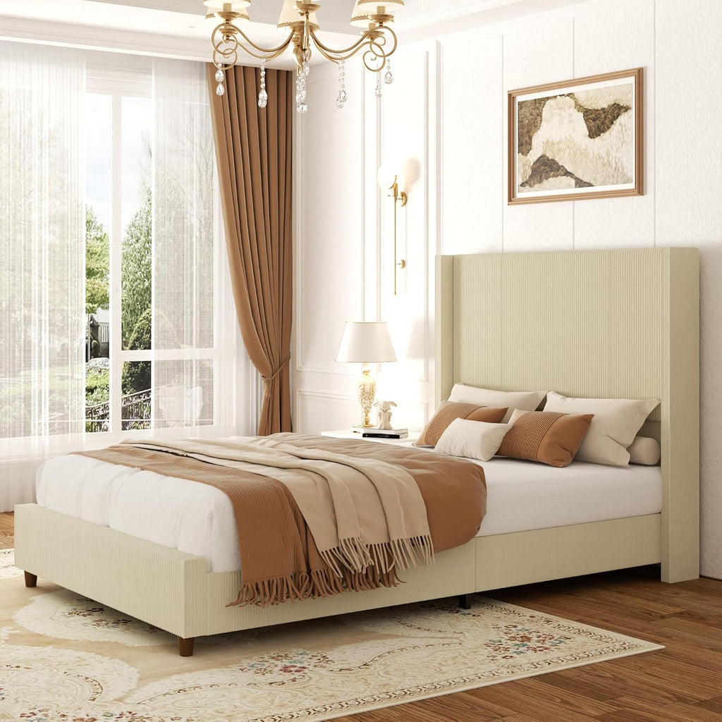 Sismplly 58'' Tall Queen Size Bed Frame with Corduroy Upholstered Platform Bed, Extra Wingback Headboard and Vertical Stripe, Box Spring Option, Solid Wood Slats, Noise Free, Beige