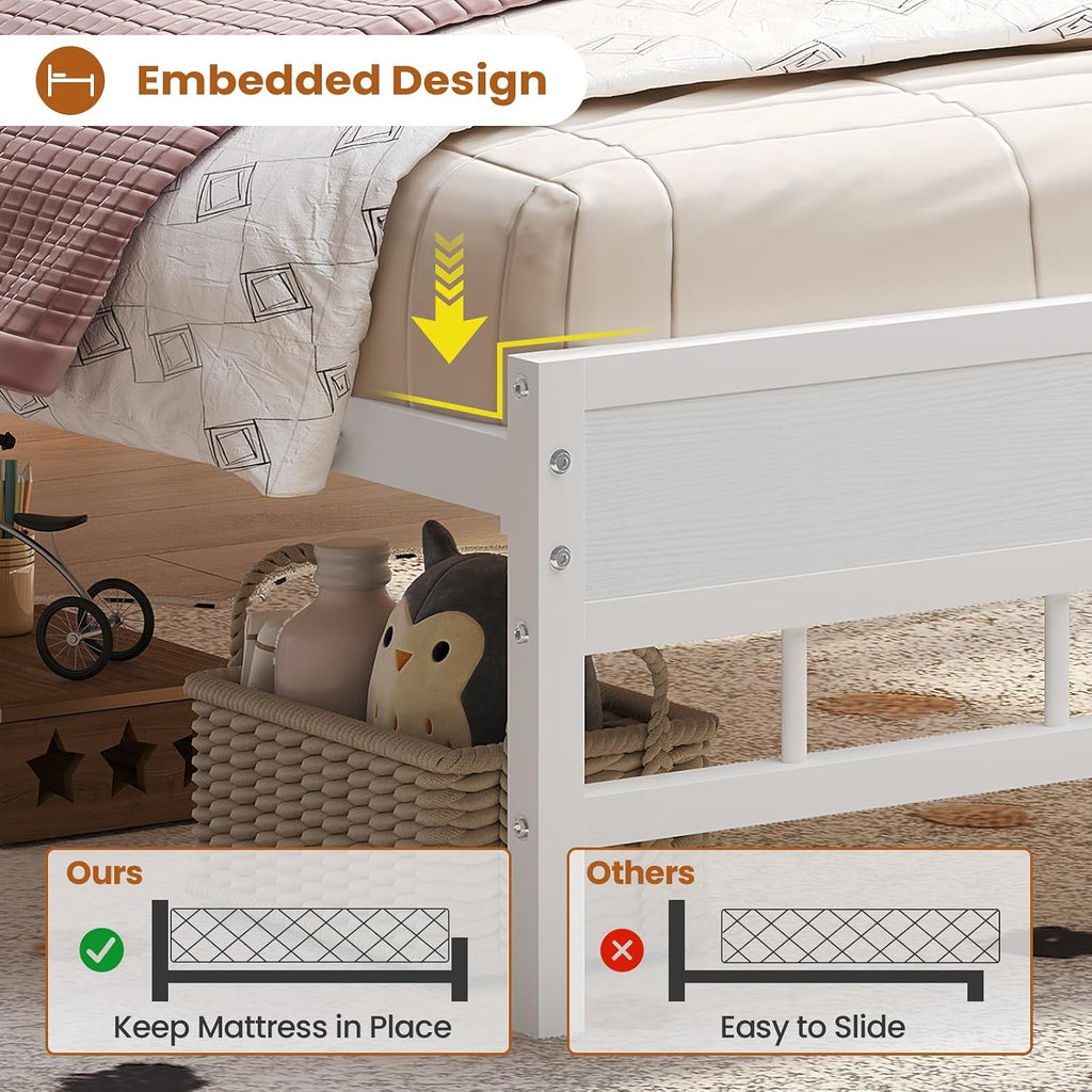 BTHFST Twin Bed Frames with Headboard & Charging Station, LED Bed Frame Twin with 5 Storage Shelves & 2 Fabric Drawers, Platform Bed Frames for Kids, No Box Spring Needed, White