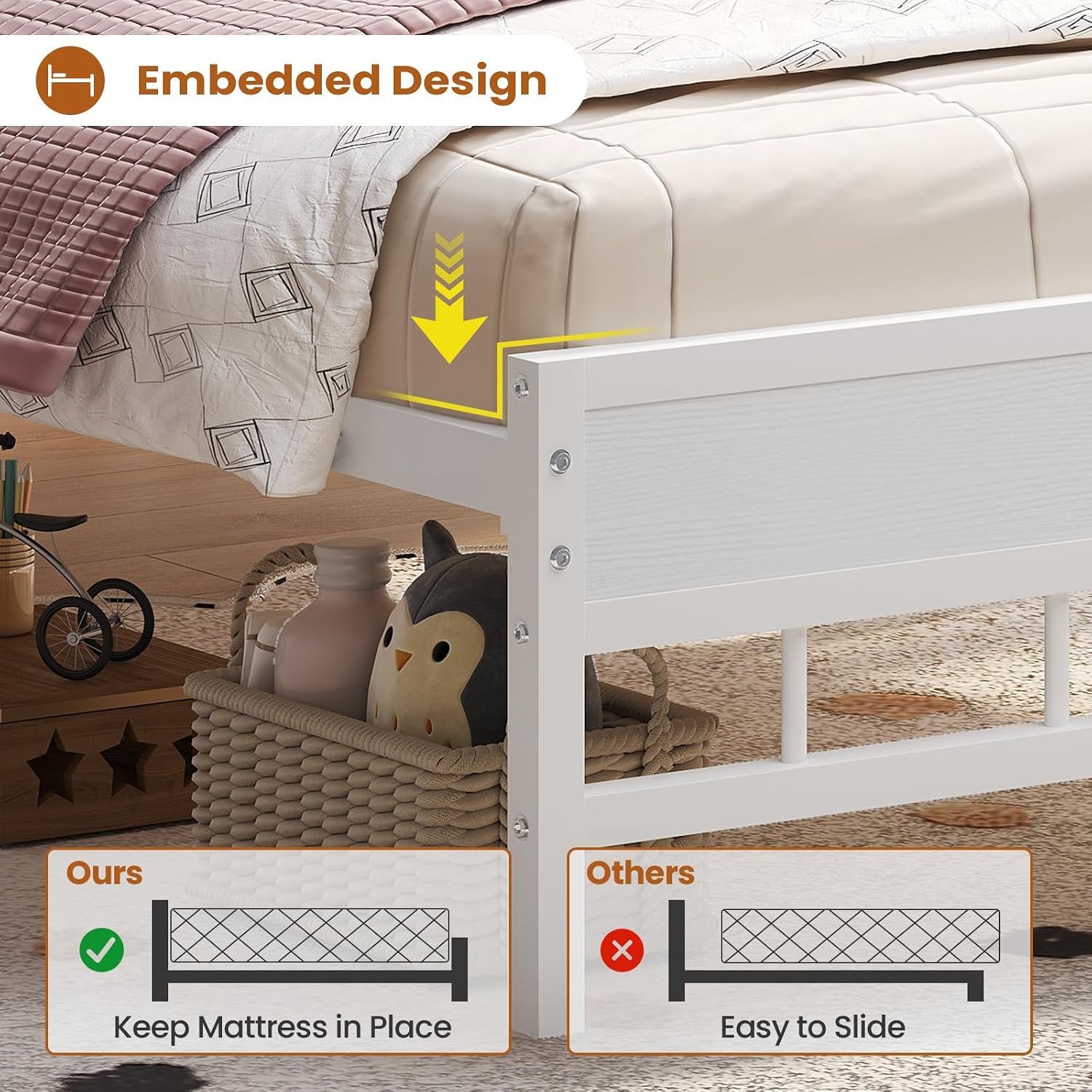 BTHFST Twin Bed Frames with Headboard & Charging Station, LED Bed Frame Twin with 5 Storage Shelves & 2 Fabric Drawers, Platform Bed Frames for Kids, No Box Spring Needed, White