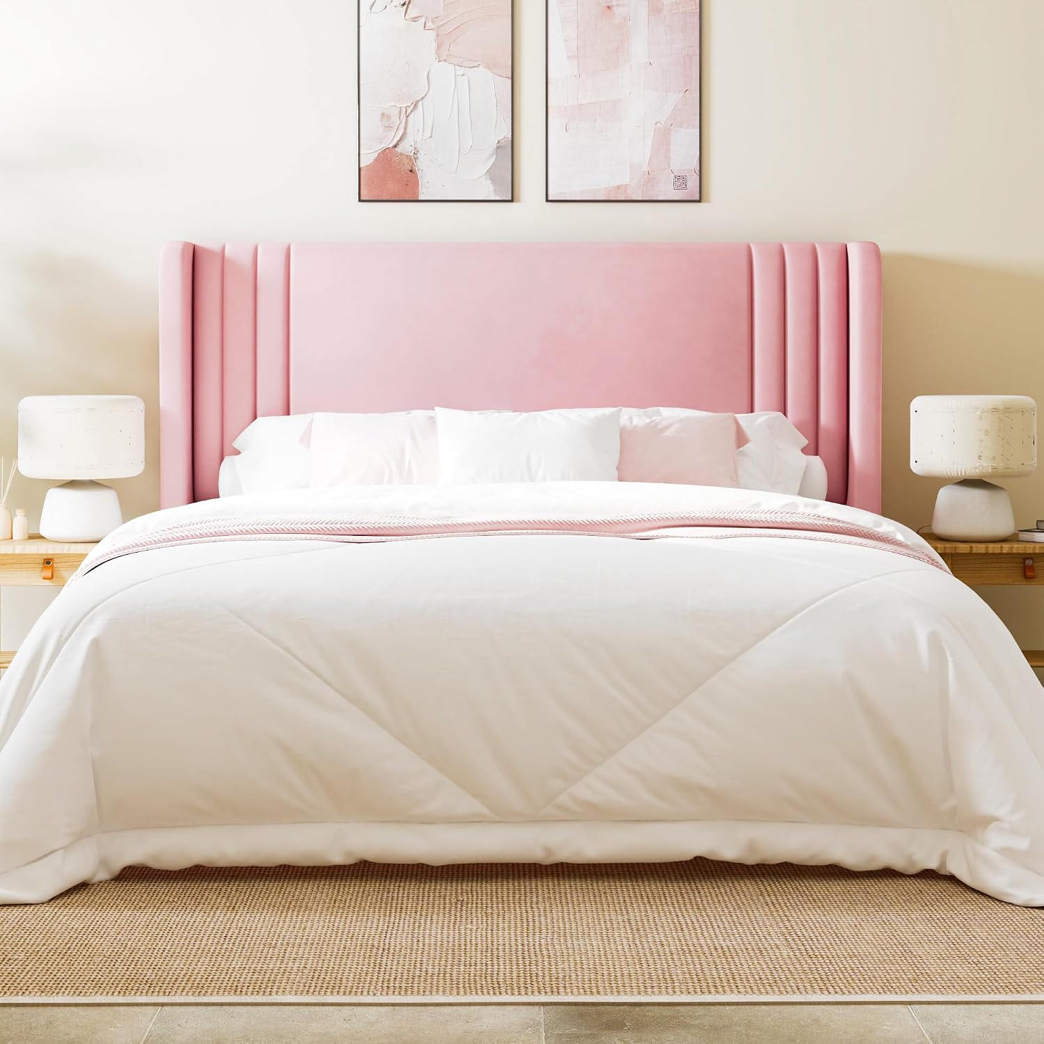 Allewie Queen Size Velvet Platform Bed Frame with Vertical Tufted Wingback Headboard, Easy Assembly, Under Bed Storage, No Box Spring Required, Modern Style, Pink