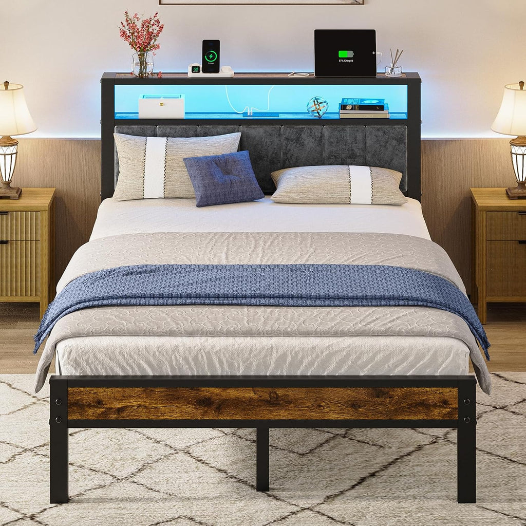 Liians Full Size Platform Bed Frame with LED Lights, Charging Station, Grey Upholstered Headboard with 2-Tier Storage Shelves, Noise Free, No Box Spring Needed