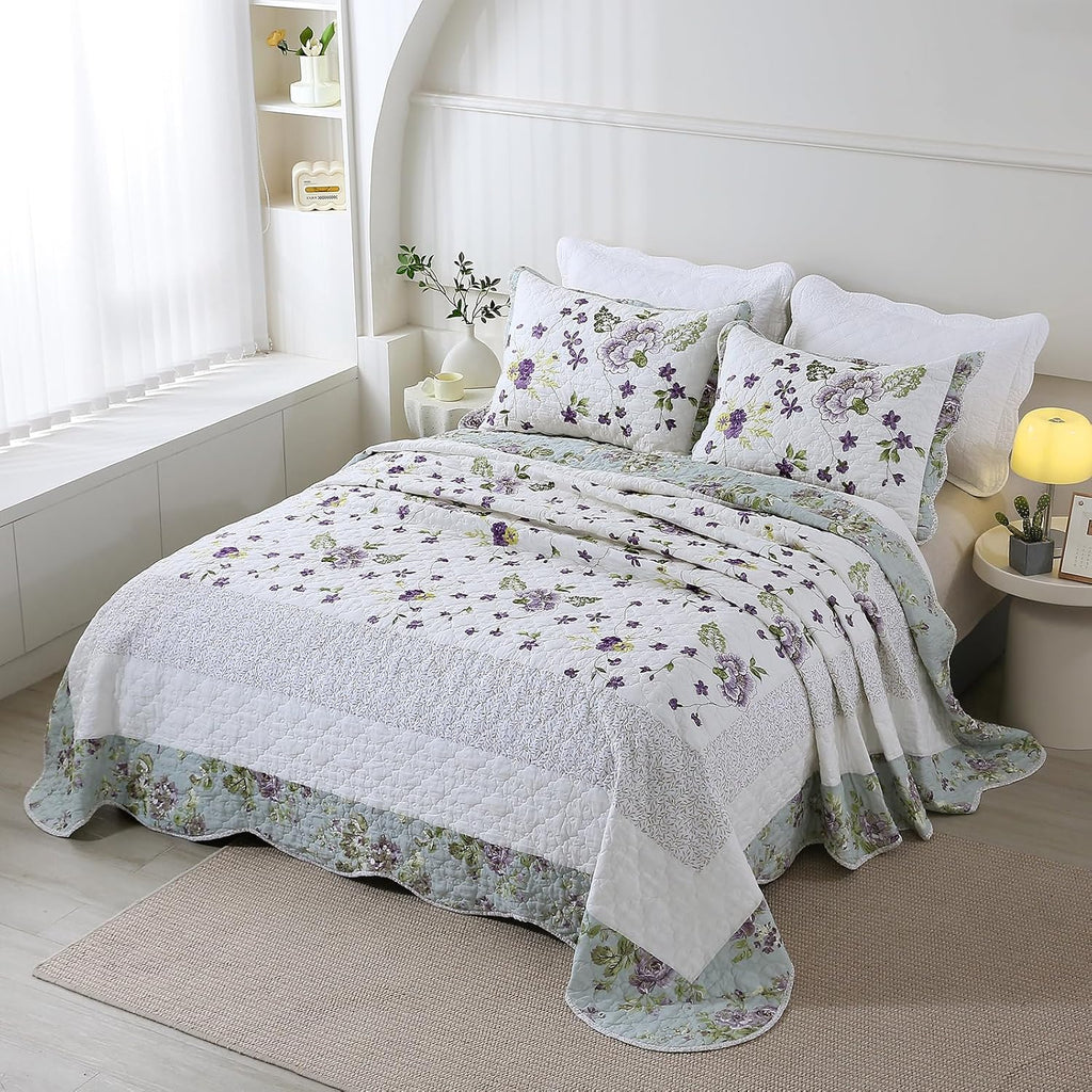 vctops 3-Piece Elegant Floral Embroidered Bedspread Coverlet Set Oversize Queen 100% Cotton Reversible Patchwork 1 Quilt and 2 Pillow Shams (Flower H,Oversize Queen)
