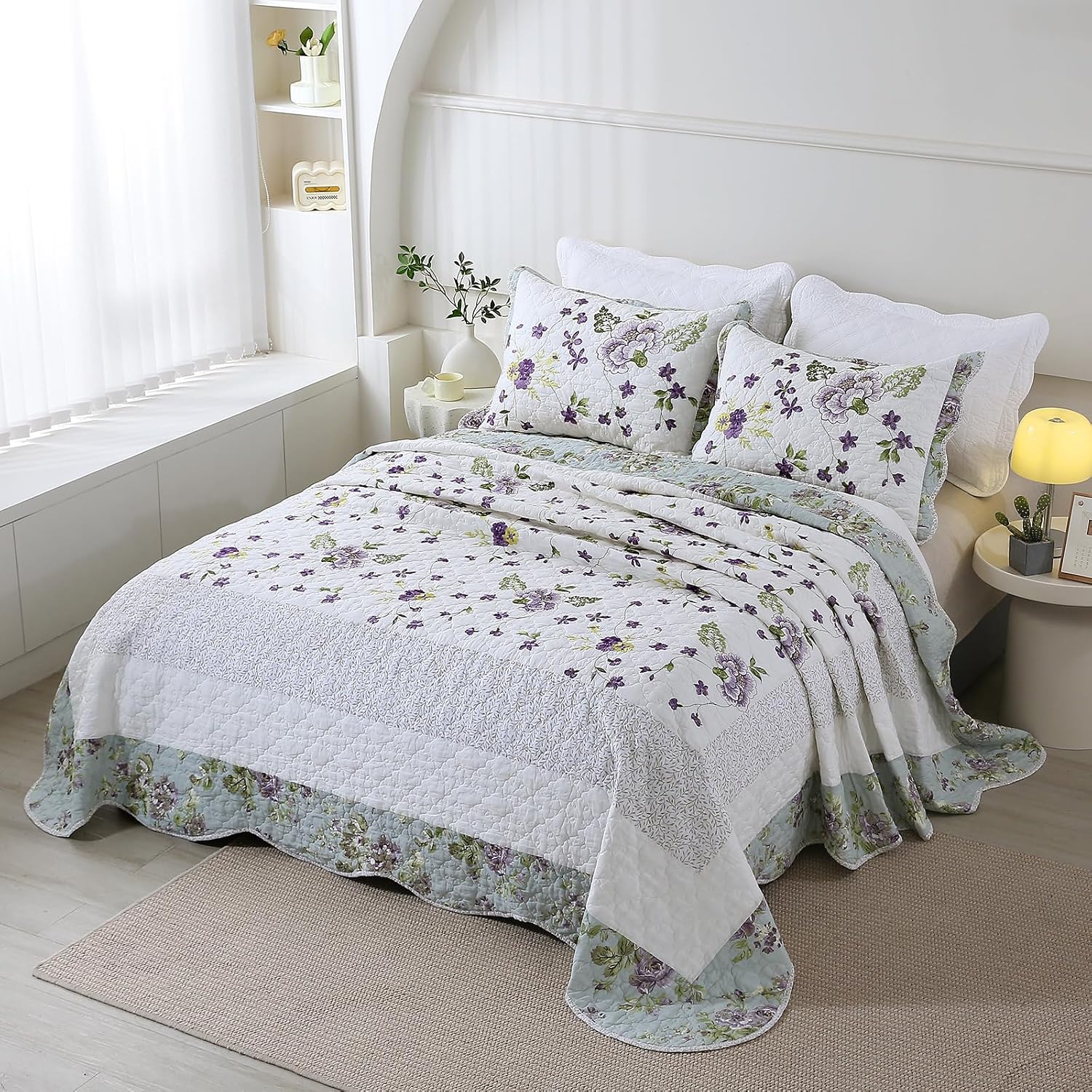 vctops 3-Piece Elegant Floral Embroidered Bedspread Coverlet Set Oversize Queen 100% Cotton Reversible Patchwork 1 Quilt and 2 Pillow Shams (Flower H,Oversize Queen)