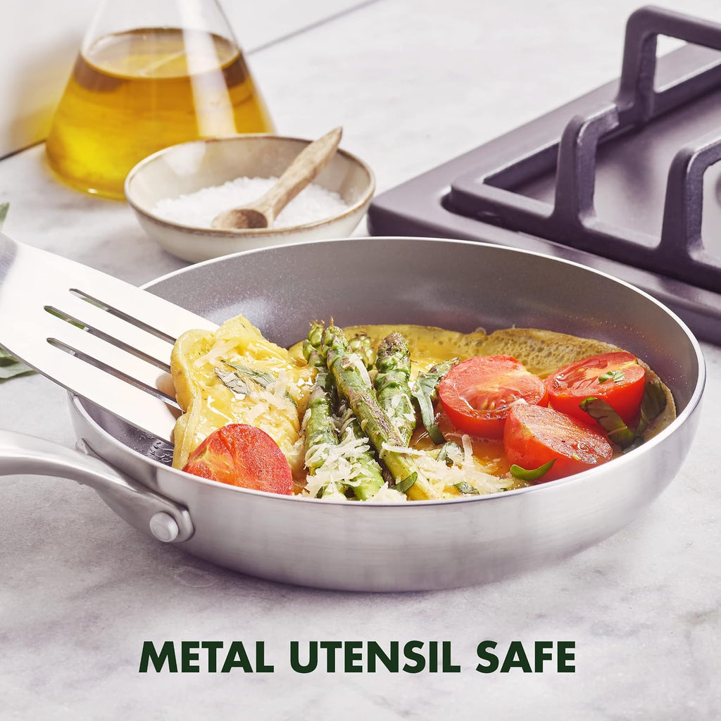 GreenPan Chatham Tri-Ply Stainless Steel 3-Piece Frying Pan Set, 8', 9.5', 11', PFAS-Free, Induction, Ceramic Nonstick Coating, Durable Cookware for Searing Sautéing & Frying, Oven & Dishwasher Safe