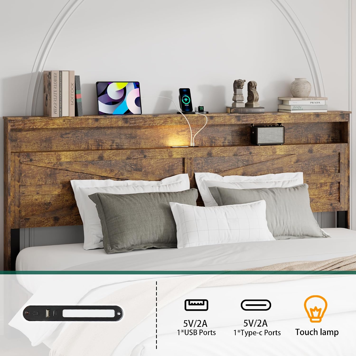 King Size Bed Frame with Headboard, Rustic Farmhouse Wood Bed Frame with LED Lights and Charging Station, Easy Assembly, No Box Spring Needed (Brown, King)